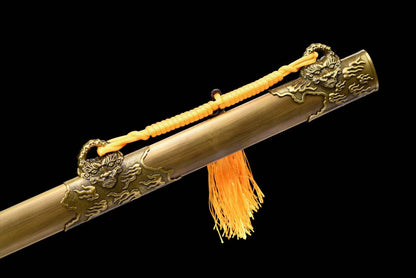 Full Tang Dragon Guardian Saber, Antique Bronze Dragon Alloy Fittings, Damascus Steel Sharp Edge, Antique Bronze Finished Solid Wood Scabbard, Chinese Collectible Sword