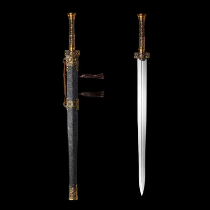 Full Tang Ancient Chu Sword Replica, Sharp Cutting Edge, High‑Manganese Steel Blade, Alloy Fittings, Wood Artificial Leather Scabbard Historical Collectible Sword