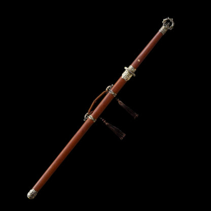 Lock‑Moon Ring‑Pommel Sword, Full Tang Construction, Sharp Blade, High‑Manganese Steel Forged Blade, Premium Dragon‑Phoenix Hardwood Handle And Scabbard, Historical Replica Collectible Sword