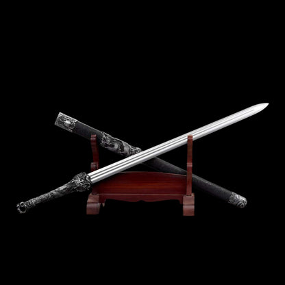 Coiled‑Dragon Ring‑Pommel Jian, Full Tang Construction, Sharp Blade, Forged High‑Manganese Steel Double Fuller Blade, Alloy Dragon‑Carved Fittings, One‑Piece Metal Handle, Solid‑Wood Faux‑Leather Wrapped Scabbard, Historical Chinese Collectible Sword