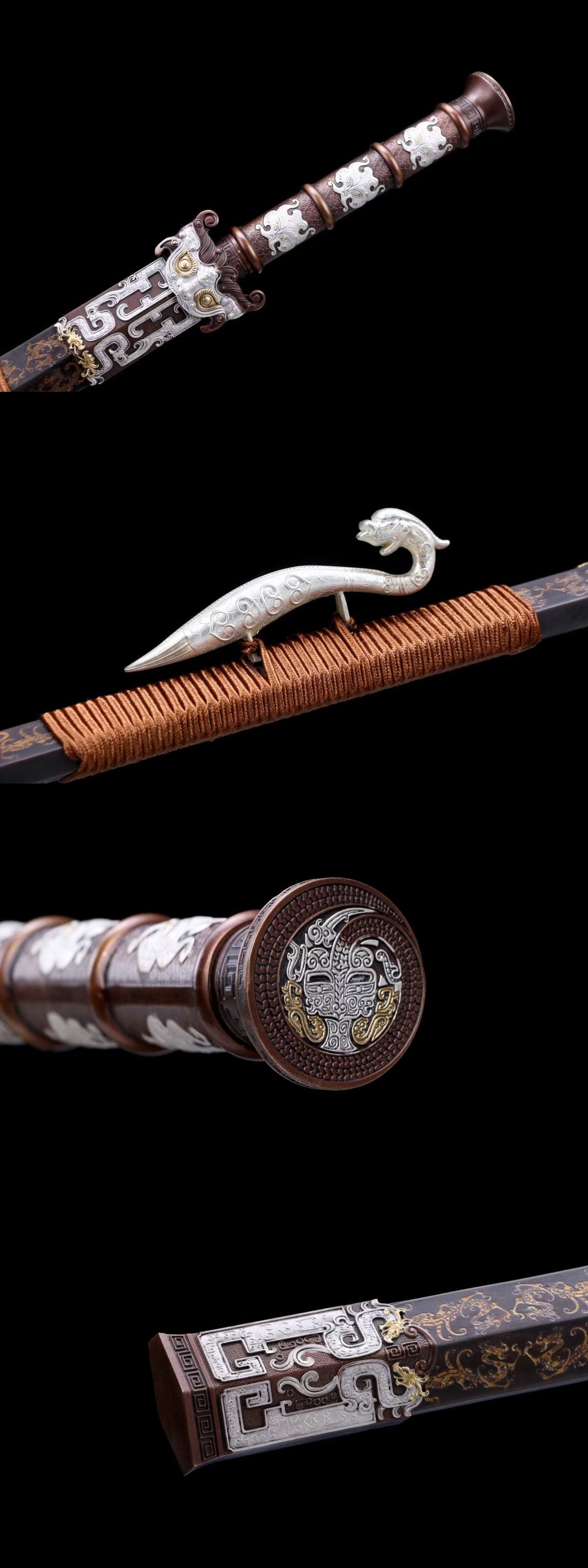 Taotie Ancient Han Jian, Full Tang, Sharp Blade, Hand‑Forged Damascus Steel Blade, Gilt‑Silver Solid Copper Handle & Fittings, Hand‑Carved Copper Scabbard, Ornate Taotie‑Beast Hardware, Collectible Chinese Sword