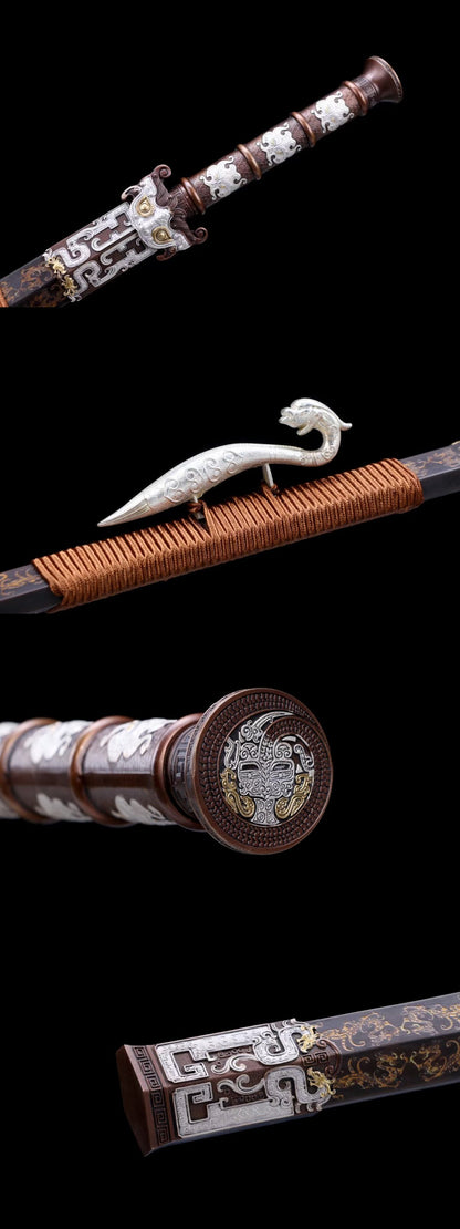 Taotie Ancient Han Jian, Full Tang, Sharp Blade, Hand‑Forged Damascus Steel Blade, Gilt‑Silver Solid Copper Handle & Fittings, Hand‑Carved Copper Scabbard, Ornate Taotie‑Beast Hardware, Collectible Chinese Sword