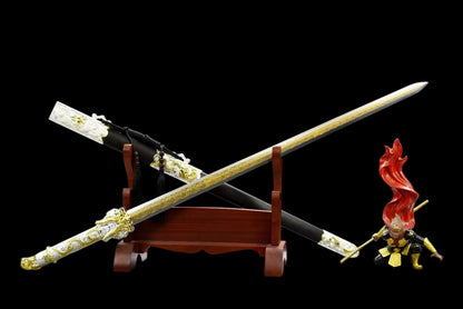 Dragon‑King Chinese Sword, Full Tang Construction, Sharp Blade, High‑Manganese Steel Eight‑Sided Blade With Engraved Gilded Pattern, Zinc Alloy Fittings, Premium Ebony Wood Scabbard, Myth‑Inspired Collectible Sword
