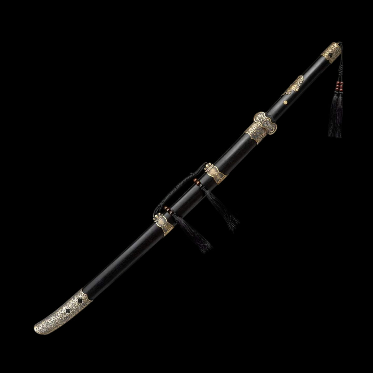 Full Tang Black Ding Baiying Chinese Sword, Forged Damascus Steel Sharp Blade, Brass Engraved Fittings, Dark Dragon Phoenix Sandalwood Scabbard, Wuxia Collectible Sword