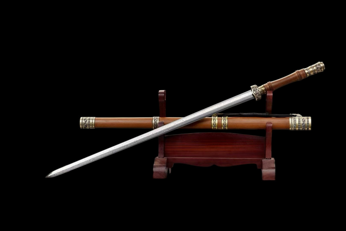 Han Dynasty Damascus Steel Sword, Full Copper Fittings, Premium Dragon‑Phoenix Sandalwood Scabbard, Full‑Tang Construction, Sharp Blade, Hand‑Forged Collectible Decorative Sword
