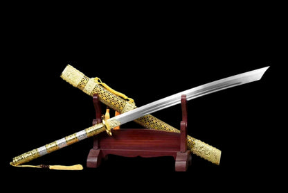 Kangxi Emperor Battle Dao, Full Tang Construction, High Manganese Steel Blade, Sharp Edge, Golden Alloy Luxury Fittings, Solid Wood Relief Scabbard, Collectible Decorative Chinese Sword