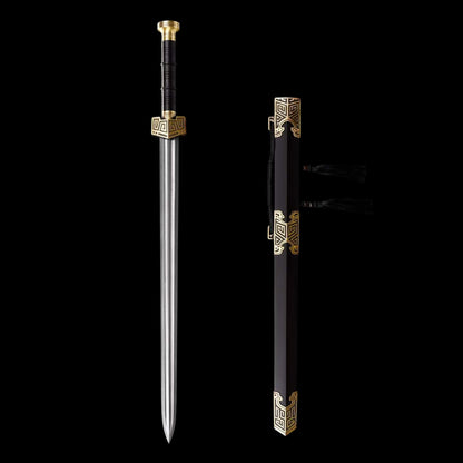 King Qin Jian, Full Tang Construction, Hand-Forged Damascus Steel Blade, Sharp Edge, Hand Polished, Brass Fittings, Premium Dragon Phoenix Hardwood Scabbard & Handle, Collectible Chinese Han Sword