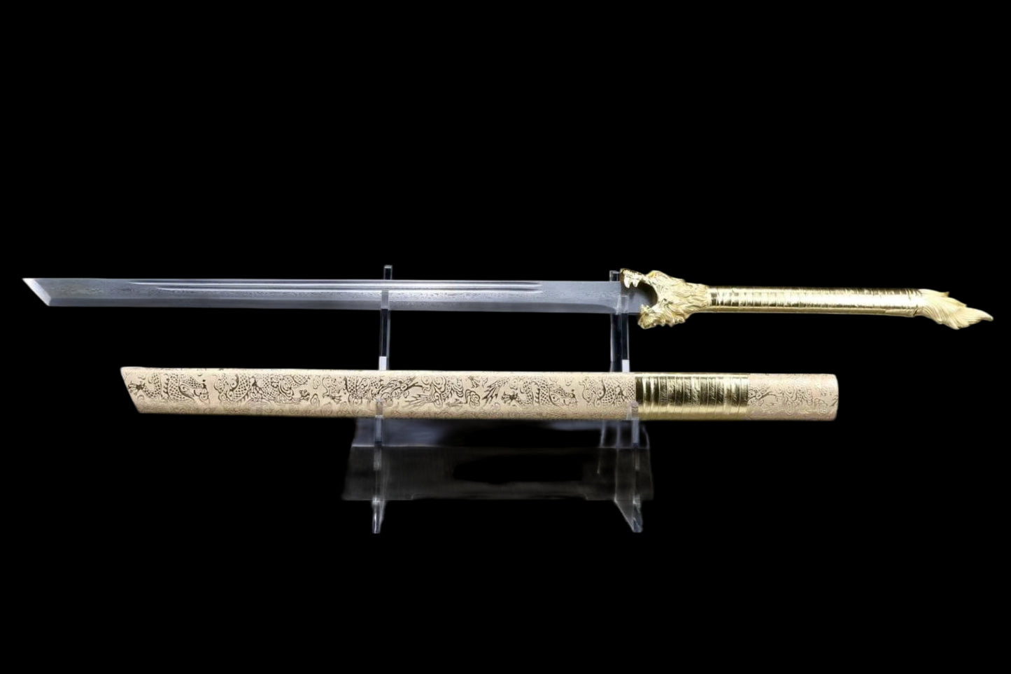 Wolf‑Head Sword, Damascus Steel Forged Blade, Alloy Fittings, Solid Wood Scabbard Wrapped with Dragon‑Pattern Artificial Leather, Collectible Display Sword