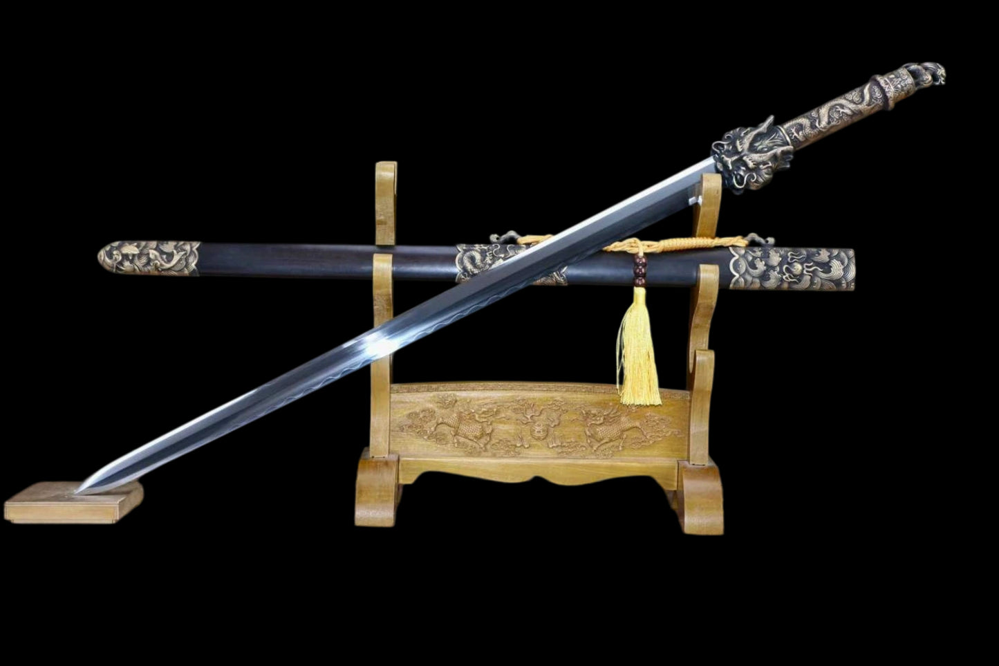 Cang‑Lan Dragon King Sword, Full Tang Construction, T10 Steel Clay‑Tempered Sharp‑Edged Blade, Antique‑Finished Solid Copper Fittings, Premium Ebony Wood Scabbard, Collectible Display Sword