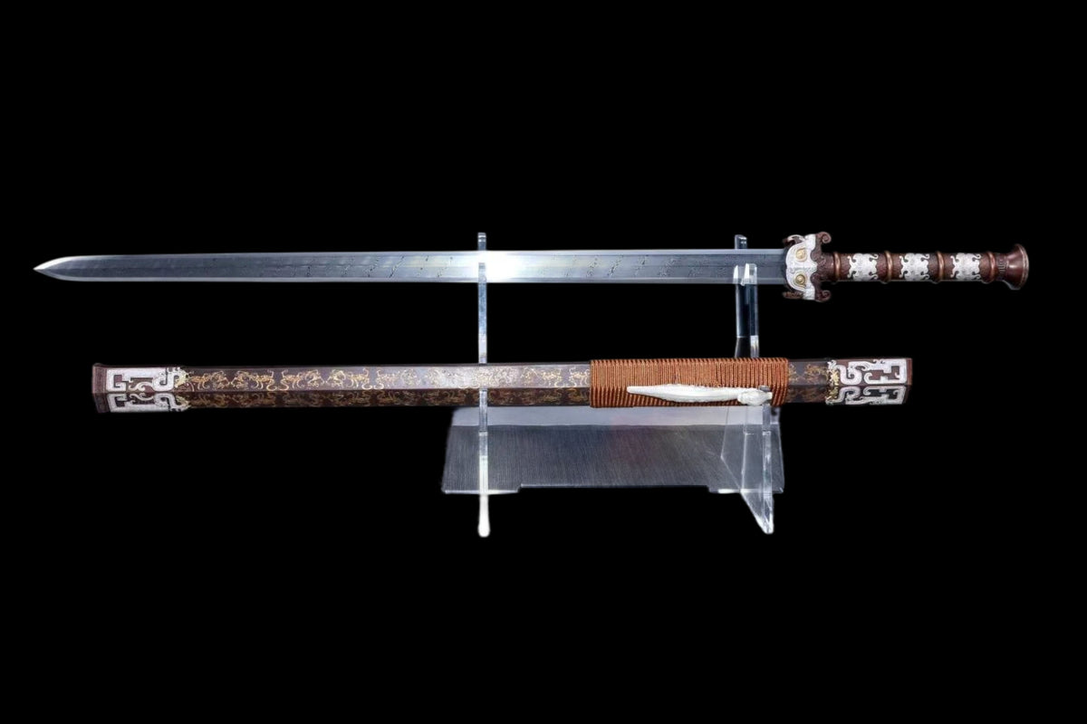 Taotie Ancient Han Jian, Full Tang, Sharp Blade, Hand‑Forged Damascus Steel Blade, Gilt‑Silver Solid Copper Handle & Fittings, Hand‑Carved Copper Scabbard, Ornate Taotie‑Beast Hardware, Collectible Chinese Sword