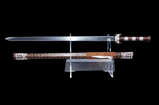 Taotie Ancient Han Jian, Full Tang, Sharp Blade, Hand‑Forged Damascus Steel Blade, Gilt‑Silver Solid Copper Handle & Fittings, Hand‑Carved Copper Scabbard, Ornate Taotie‑Beast Hardware, Collectible Chinese Sword