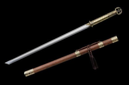 You‑Yun Tang Dao, Full Tang Construction, Sharp Blade, High‑Manganese Steel Blade, Alloy Fittings With Antique Meander Engraving, All‑Metal Integrated Handle, Premium Wing Wood Scabbard, Historical Collectible Chinese Sword