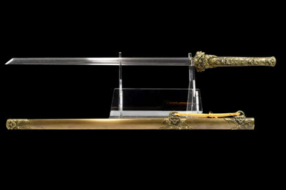 Full Tang Dragon Guardian Saber, Antique Bronze Dragon Alloy Fittings, Damascus Steel Sharp Edge, Antique Bronze Finished Solid Wood Scabbard, Chinese Collectible Sword