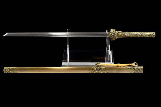 Full Tang Dragon Guardian Saber, Antique Bronze Dragon Alloy Fittings, Damascus Steel Sharp Edge, Antique Bronze Finished Solid Wood Scabbard, Chinese Collectible Sword