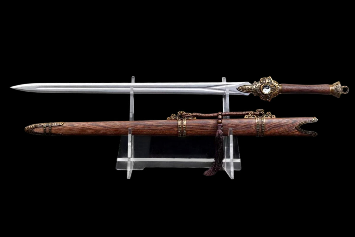Bagua Chinese Sword, Full Tang Construction, High Manganese Steel Blade, Y-shaped Fuller, Sharp Edge, Rotatable Tai Chi Alloy Fittings, Premium Hainan Huanghuali Wood Scabbard, Collectible Decorative Chinese Sword