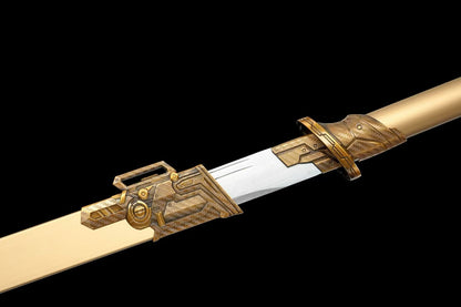 Cream Cyberpunk Tang Dao Full Tang Forged Steel Blade, Relatively Sharp Straight Sword with Imitation Bronze Tech Fittings Aluminum Alloy Scabbard for Cosplay Display Collection