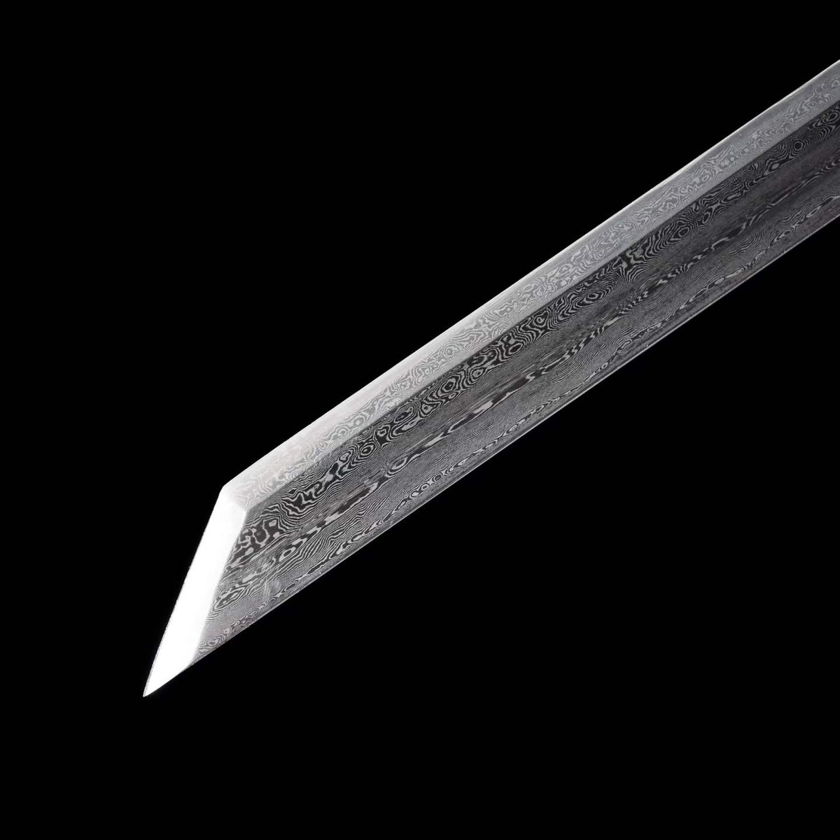 Straight Chinese Tang Dao, Full Tang Construction, Hand-Forged Damascus Steel Blade, Sharp Edge, Hand Polished, Brass Fittings, Premium Wenge Wood Scabbard & Handle, Collectible Chinese Sword
