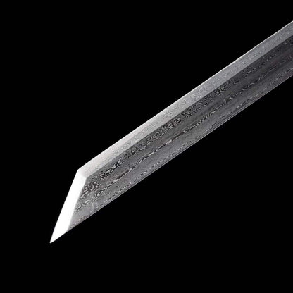 Straight Chinese Tang Dao, Full Tang Construction, Hand-Forged Damascus Steel Blade, Sharp Edge, Hand Polished, Brass Fittings, Premium Wenge Wood Scabbard & Handle, Collectible Chinese Sword