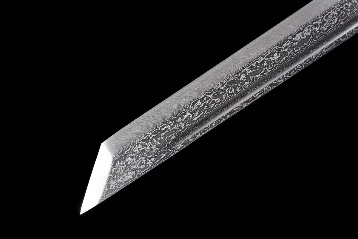 Darknight Tang Heng Dao, Full Tang Construction, Sharp Blade, Forged Damascus Steel, Alloy Cloud‑Beast Carved Fittings, Premium Dragon‑Phoenix Hardwood Scabbard, Historical Collectible Chinese Sword
