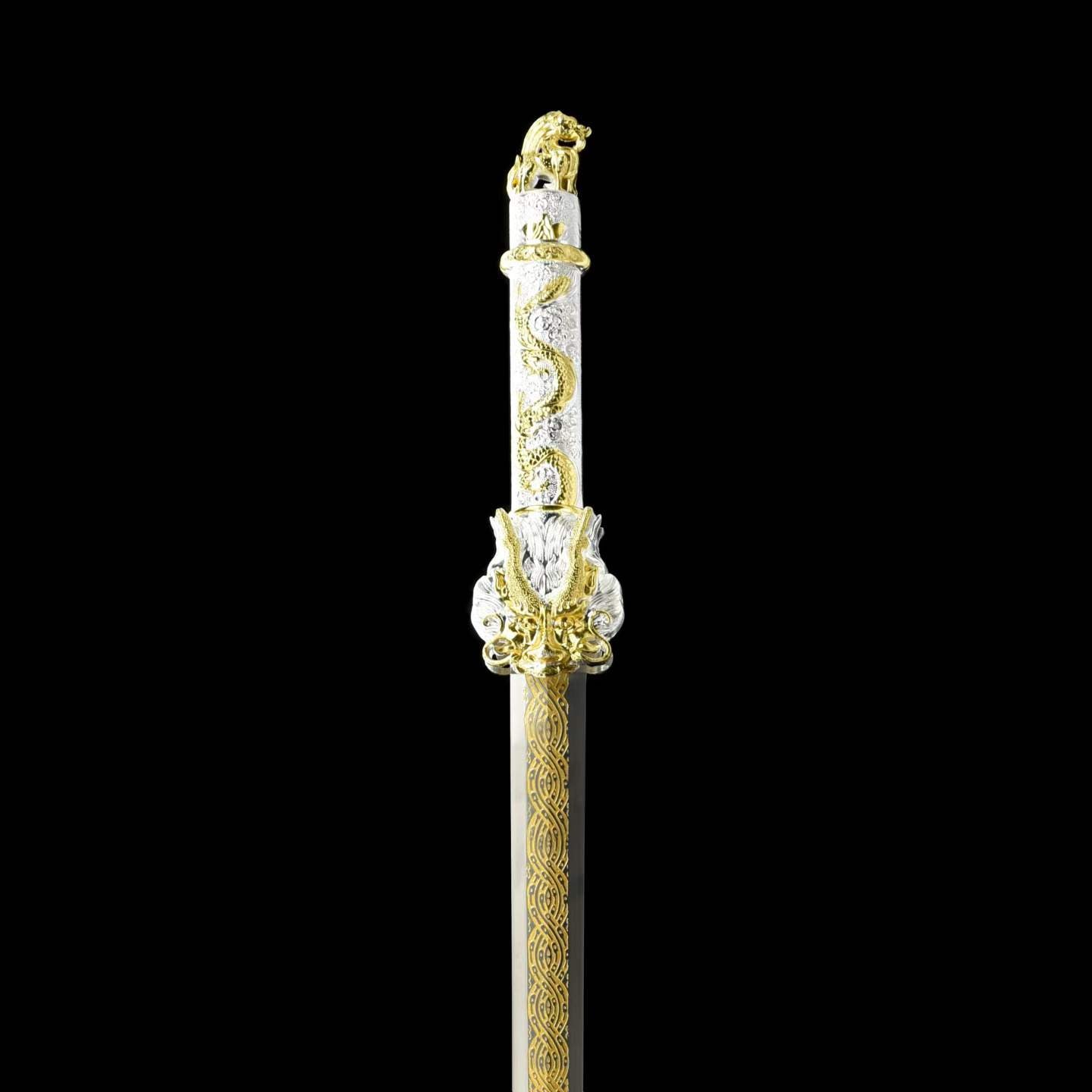 Dragon‑King Chinese Sword, Full Tang Construction, Sharp Blade, High‑Manganese Steel Eight‑Sided Blade With Engraved Gilded Pattern, Zinc Alloy Fittings, Premium Ebony Wood Scabbard, Myth‑Inspired Collectible Sword