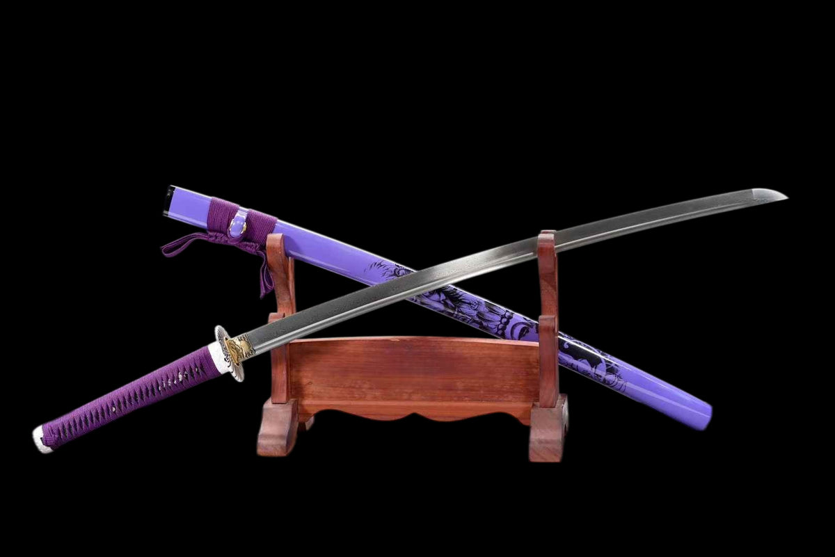 Purple Shadow Katana, Full Tang Construction, Forged Damascus Steel Blade, Sharp Edge, Lacquer Painted Solid Wood Scabbard, Collectible Decorative Japanese Sword