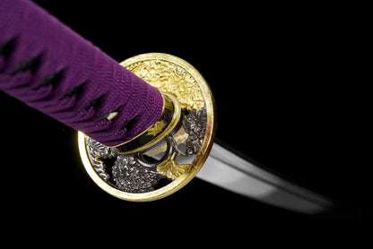 Purple Ginkgo Katana, Full Tang Construction, Forged Damascus Steel Blade, Sharp Edge, Lacquer Painted Solid Wood Scabbard, Collectible Decorative Japanese Sword
