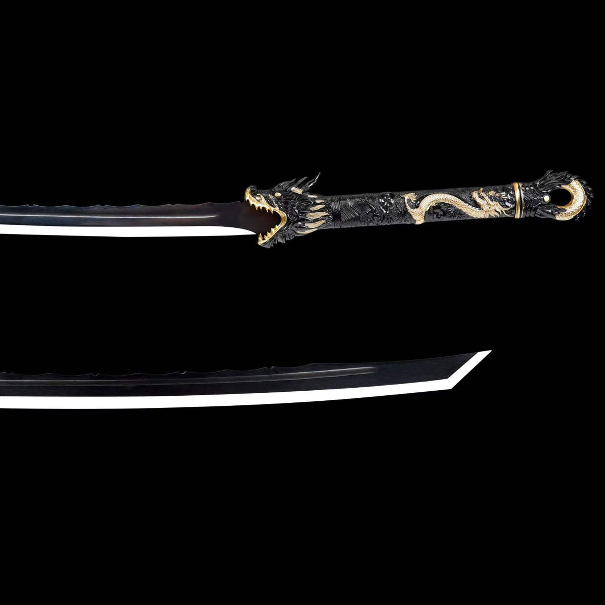 Black Dragon Battle Dao, Full Tang Construction, High Manganese Steel Blade, Alloy Fittings, Artificial Leather Wrapped Solid Wood Scabbard, Collectible Decorative Chinese Sword