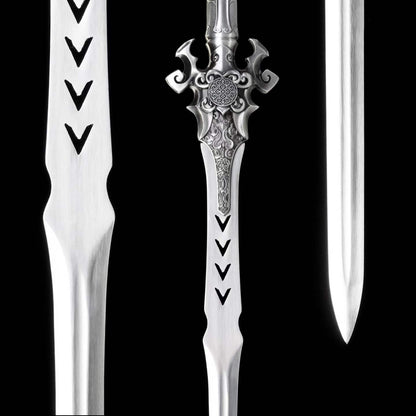 Full Tang Demon Sword Supreme Fantasy Replica, Sharp Blade, High‑Manganese Steel Blade, Alloy Metal Handle, Solid Wood Artificial Leather Scabbard, Fantasy Decorative Collectible Sword