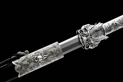 Cang‑Lan Dragon Sovereign Jian, Full Tang Construction, Sharp Blade, High Manganese Steel Octahedral Blade, Alloy Dragon‑Wave Fittings, Premium Ebony Wood Scabbard, Historical Collectible Chinese Sword