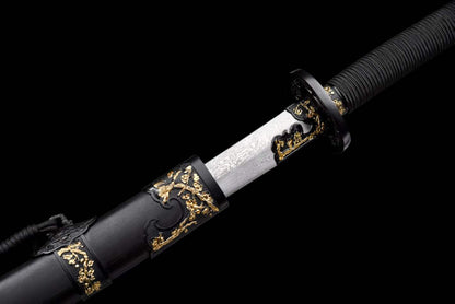 Han‑Mei‑Jin Spring‑Autumn Dao, Full Tang Construction, Sharp Blade, Damascus Steel Forged, Plum‑Blossom Alloy Fittings, Cord‑Wrapped Wood Handle, Premium Dragon‑Phoenix Hardwood Scabbard, Historical Replica Collectible Sword