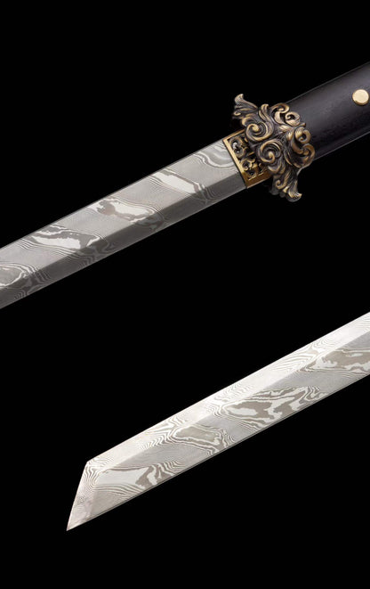 Full Tang Dao Replica, Sharpened Blade, Twist Pattern Damascus Steel Forged, Dragon‑Phoenix Sandalwood Scabbard & Handle, Brass Fittings Collectible Sword