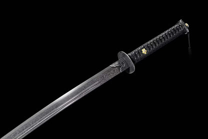 Zhen‑Yuan Ming Official Dao, Full Tang Construction, Sharp Blade, Forged Damascus Steel, Dual Fuller, Dragon‑Phoenix Hardwood Cord‑Wrapped Handle And Scabbard, Historical Replica Collectible Sword