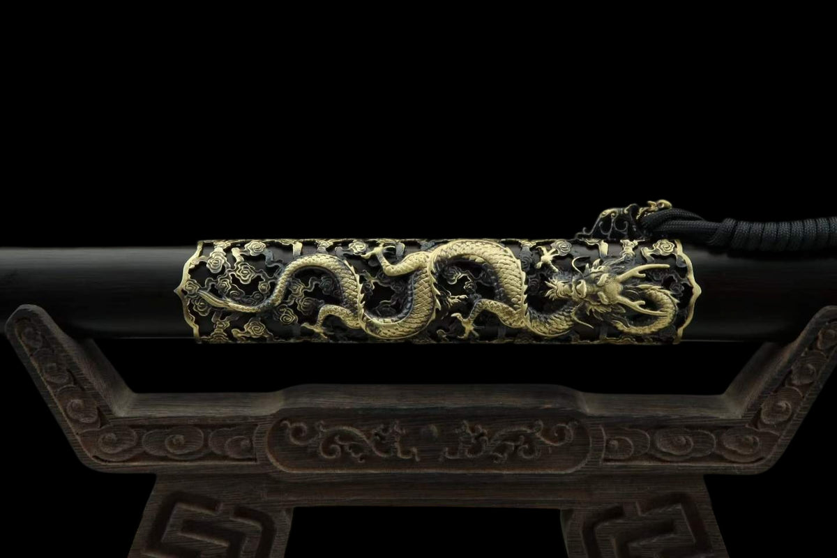 Rui Long Tang Dao, Damascus Steel Hand‑Forged Blade, Brass Intricately Carved Aged Fittings, Premium Ebony Scabbard, Full‑Tang Construction, Sharp Edge, Collectible Decorative Tang Sword