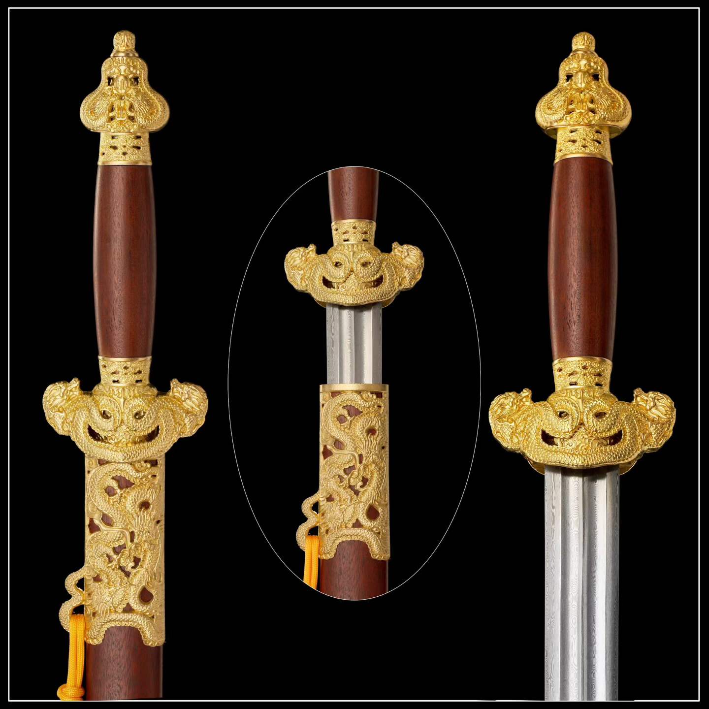 Nine‑Dragon Sword, Full Tang Hand Forged Damascus Steel Chinese Jian, Sharp Blade, Dual Fullers, Alloy Fittings With Gold‑Toned Open‑Work Dragon Ornaments, Dragon‑Phoenix Sandalwood Handle & Scabbard, Historical Collectible Sword