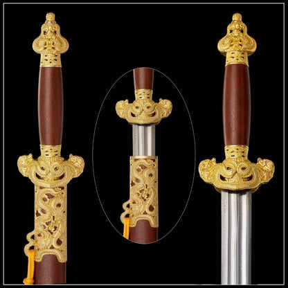 Nine‑Dragon Sword, Full Tang Hand Forged Damascus Steel Chinese Jian, Sharp Blade, Dual Fullers, Alloy Fittings With Gold‑Toned Open‑Work Dragon Ornaments, Dragon‑Phoenix Sandalwood Handle & Scabbard, Historical Collectible Sword