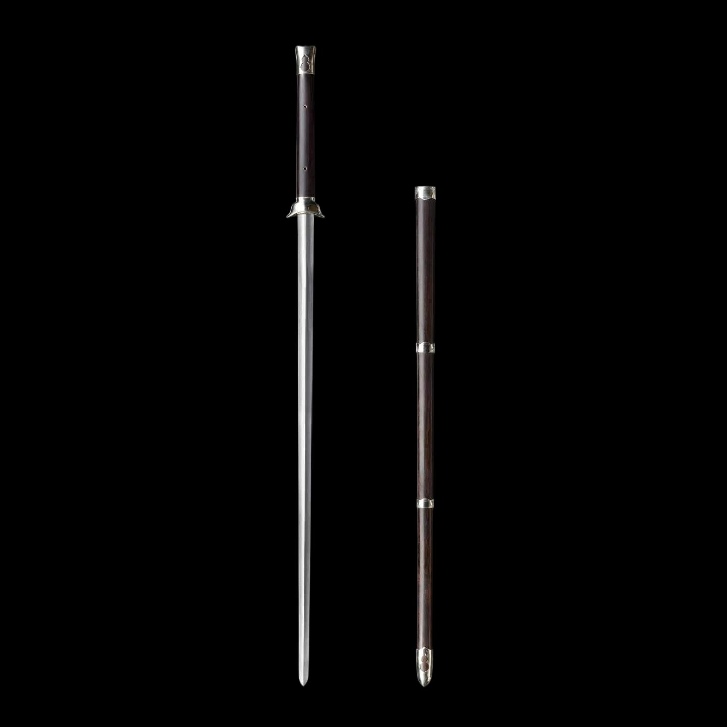 Plain‑Fitted White Copper Ingot Two‑Handed Chinese Jian, Full Tang Construction, Sharp Blade, Hand Forged Damascus Steel Blade, Premium Ebony Wood Handle And Scabbard, Historical Replica Collectible Sword