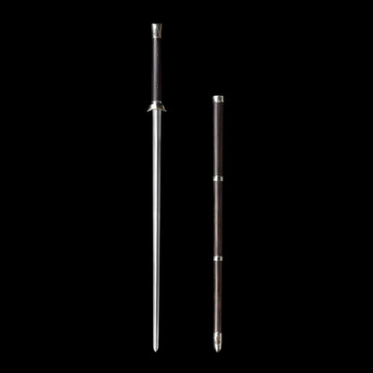 Plain‑Fitted White Copper Ingot Two‑Handed Chinese Jian, Full Tang Construction, Sharp Blade, Hand Forged Damascus Steel Blade, Premium Ebony Wood Handle And Scabbard, Historical Replica Collectible Sword