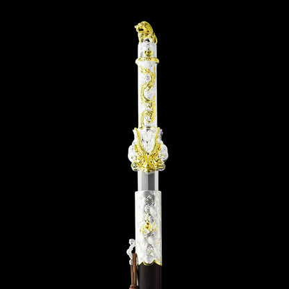 Golden Dragon Koi Chinese Jian, Full Tang Construction, High Manganese Steel Blade, Sharp Edge, Alloy Fittings, Premium Ebony Scabbard, Collectible Decorative Chinese Sword