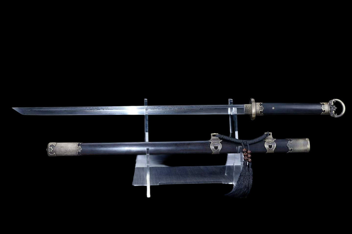 Ring Pommel Tang Dao, Full Tang Construction, Sharp Blade, Hand-Forged Damascus Steel Blade With Blood Groove, Zinc Alloy Antique Bronze Fittings, Premium Dragon Phoenix Hardwood Scabbard & Handle, Collectible Historical Chinese Sword