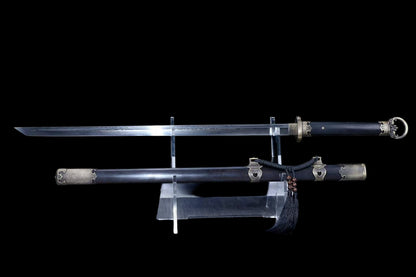 Ring Pommel Tang Dao, Full Tang Construction, Sharp Blade, Hand-Forged Damascus Steel Blade With Blood Groove, Zinc Alloy Antique Bronze Fittings, Premium Dragon Phoenix Hardwood Scabbard & Handle, Collectible Historical Chinese Sword