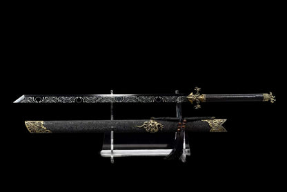 **Phantom Night Dragon Sword**, Full‑Tang Construction, Sharp Blade, High‑Manganese Steel Forged, Alloy Fittings, Collectible Decorative Craft Sword
