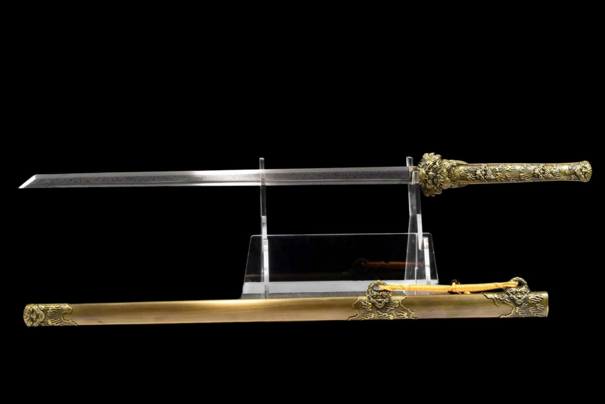 Full Tang Dragon Guardian Saber, Antique Bronze Dragon Alloy Fittings, Damascus Steel Sharp Edge, Antique Bronze Finished Solid Wood Scabbard, Chinese Collectible Sword