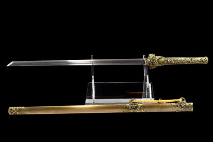 Full Tang Dragon Guardian Saber, Antique Bronze Dragon Alloy Fittings, Damascus Steel Sharp Edge, Antique Bronze Finished Solid Wood Scabbard, Chinese Collectible Sword