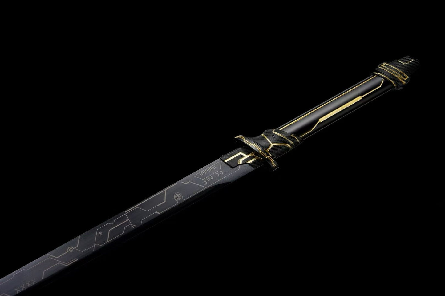 Golden Circuit Cyberpunk Tang Dao, Full Tang Forged Steel Straight Sword, Futuristic Sci-Fi Golden Circuit Etching with Aluminum Alloy Scabbard for Cosplay Display Collection