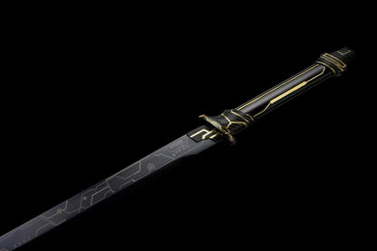 Golden Circuit Cyberpunk Tang Dao, Full Tang Forged Steel Straight Sword, Futuristic Sci-Fi Golden Circuit Etching with Aluminum Alloy Scabbard for Cosplay Display Collection