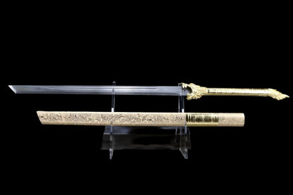 Wolf‑Head Sword, Damascus Steel Forged Blade, Alloy Fittings, Solid Wood Scabbard Wrapped with Dragon‑Pattern Artificial Leather, Collectible Display Sword