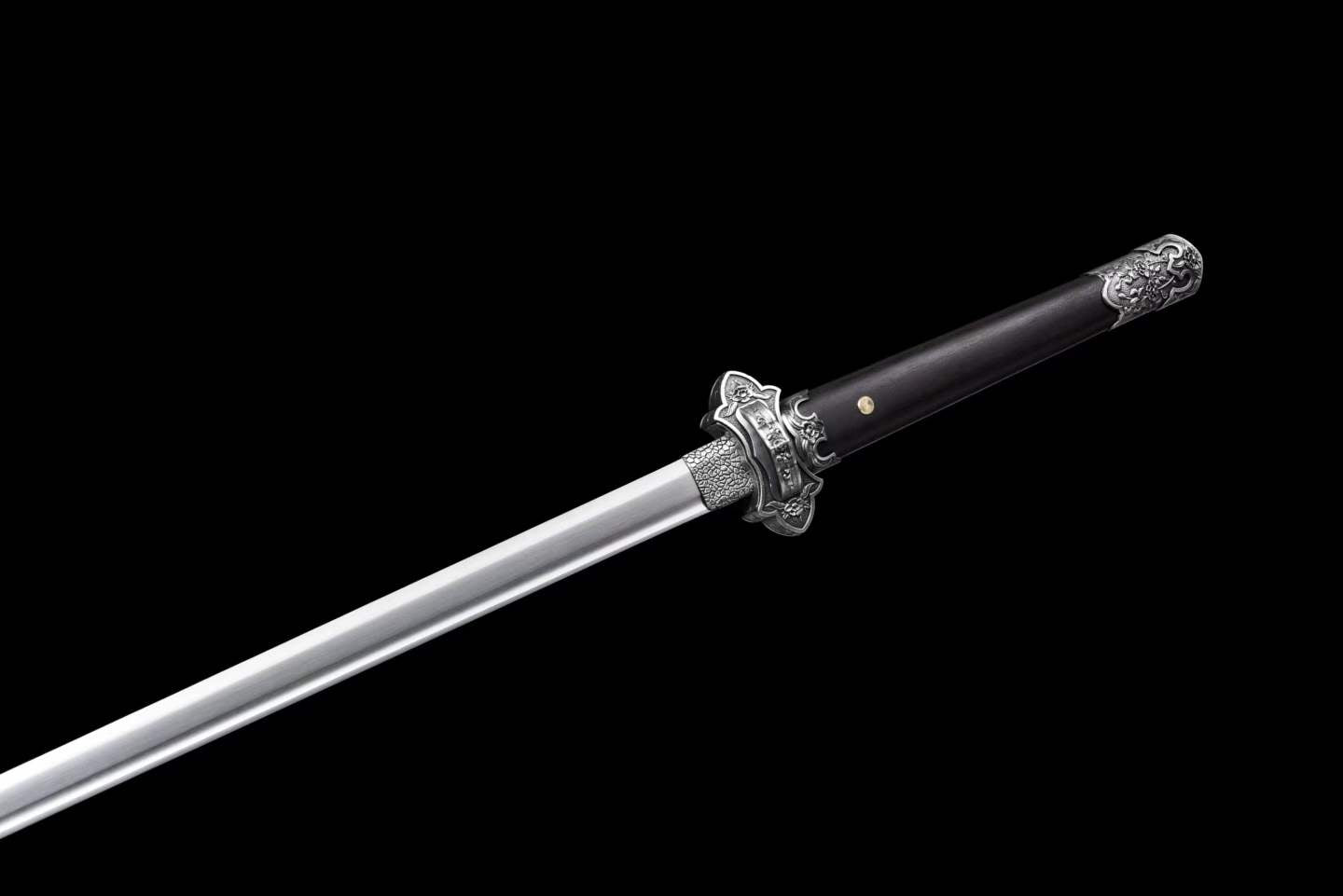 Jin‑Shuang Tang Dao, Full Tang Construction, Sharp Blade, High‑Manganese Steel Blade, Zinc‑Alloy Peony Engraved Fittings, Premium Ebony Wood Handle And Scabbard, Historical Replica Collectible Sword