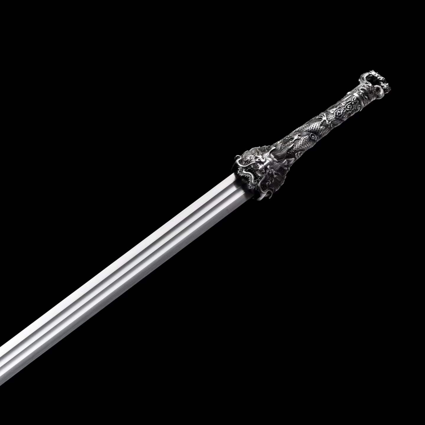 Coiled‑Dragon Ring‑Pommel Jian, Full Tang Construction, Sharp Blade, Forged High‑Manganese Steel Double Fuller Blade, Alloy Dragon‑Carved Fittings, One‑Piece Metal Handle, Solid‑Wood Faux‑Leather Wrapped Scabbard, Historical Chinese Collectible Sword