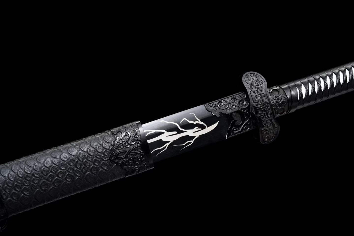 Thunder Tribulation Blade, Full Tang Construction, Forged High Manganese Steel, Sharp Edge, Alloy Fittings, Cord Wrapped Solid Wood Handle, Artificial Leather Wrapped Solid Wood Scabbard, Collectible Decorative Sword