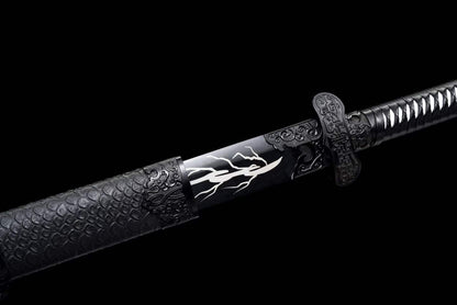 Thunder Tribulation Blade, Full Tang Construction, Forged High Manganese Steel, Sharp Edge, Alloy Fittings, Cord Wrapped Solid Wood Handle, Artificial Leather Wrapped Solid Wood Scabbard, Collectible Decorative Sword